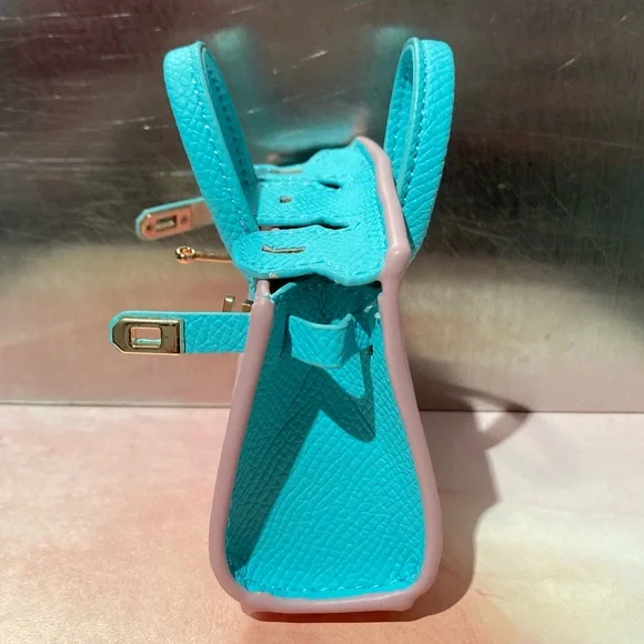 👜 Handmade Mini Blue Pink Faux Leather Birkin AirPods Tote Bag Charm Miniature - Picture 8 of 10